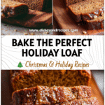Moist gingerbread banana loaf topped with festive spices and brown sugar glaze on a wooden board.